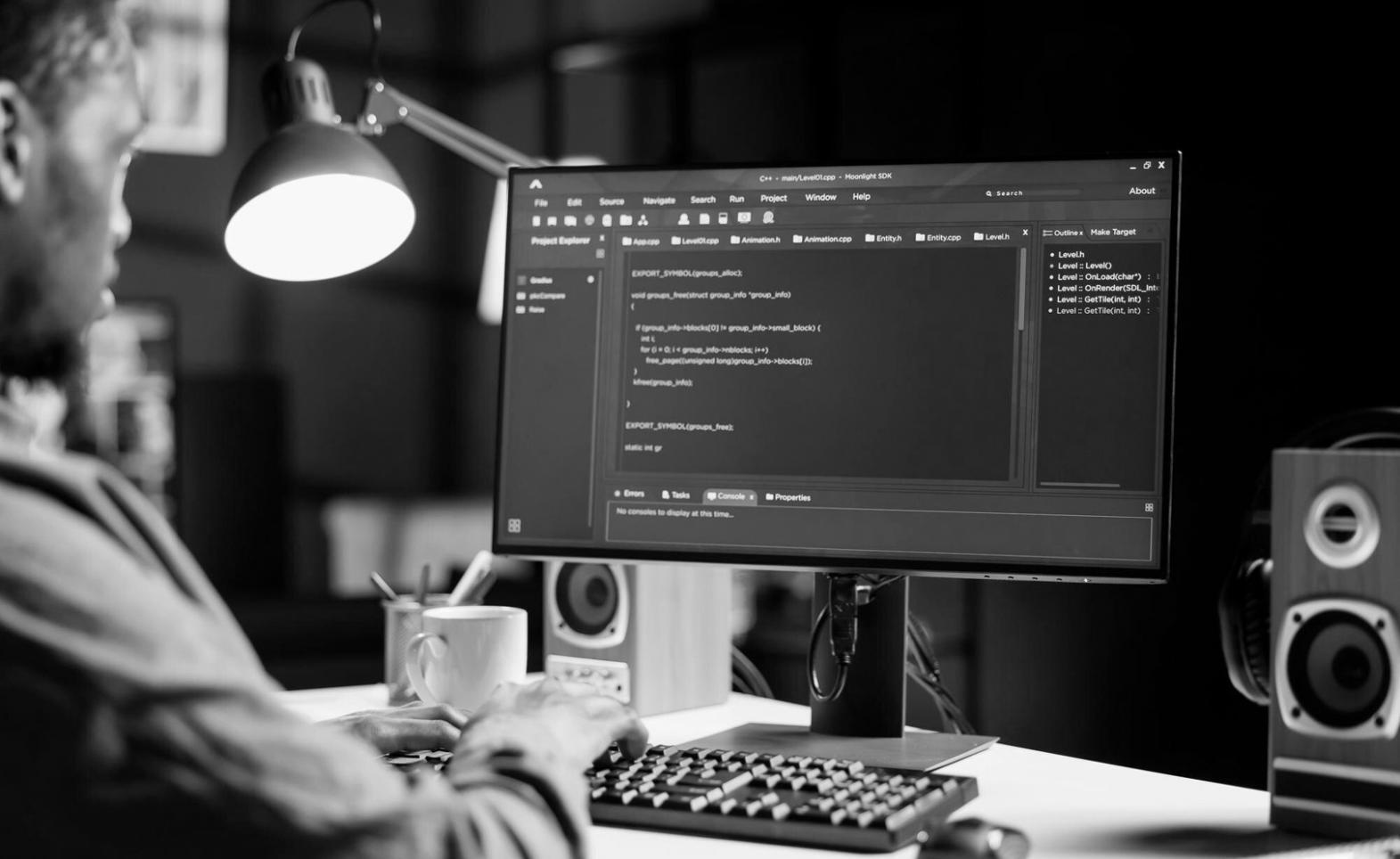Code editor met JavaScript game development code op het scherm